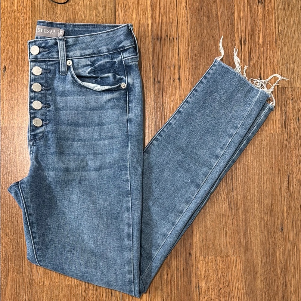 Just USA High Rise Blue Jeans with Distressed Hem